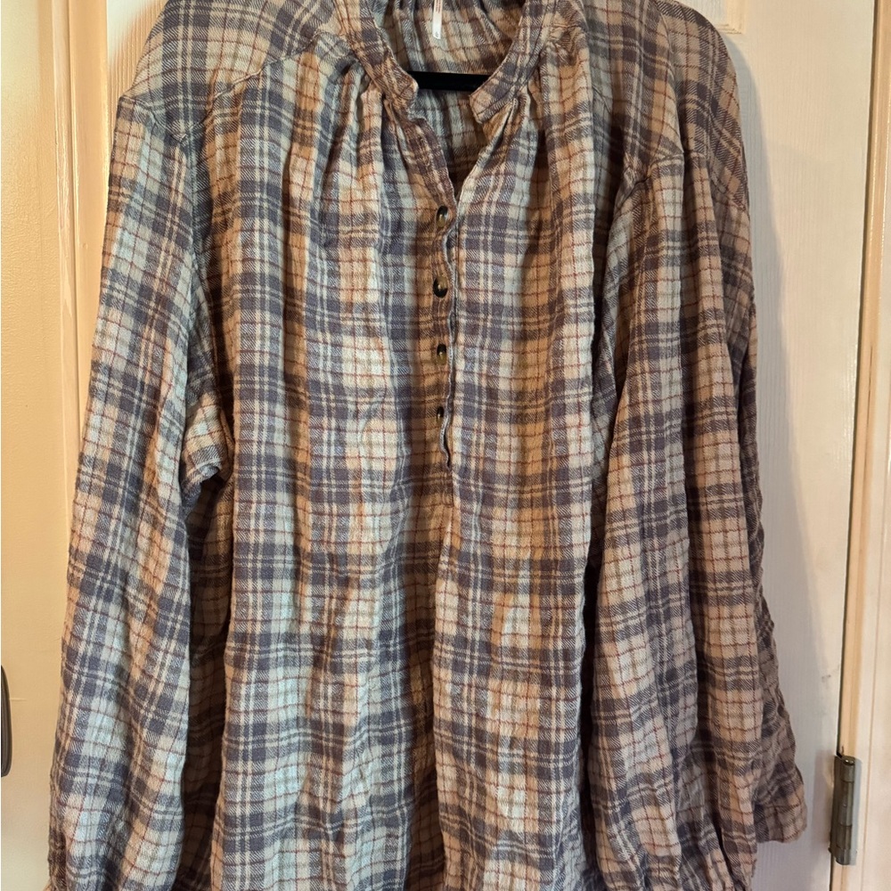 Free People Blue and Tan Plaid Casual Shirt